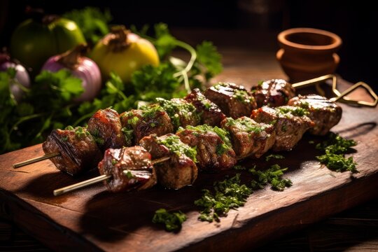 Grilled beef kabobs on a rustic wooden board, garnished with chimichurri and herbs