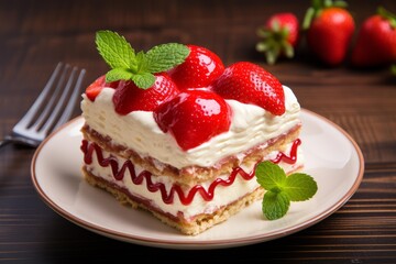 Strawberry shortcake slice on a plate with fresh cream and whole strawberries, garnished with mint