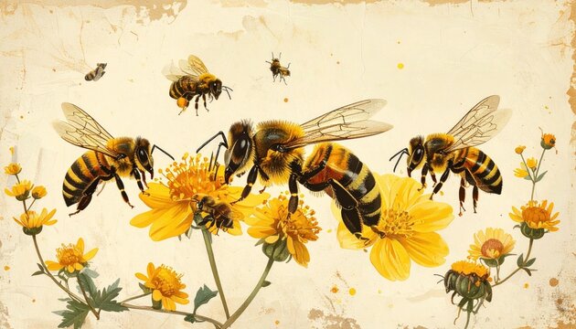 Bees Gathering Nectar from Yellow Flowers in a Vintage Illustration.
