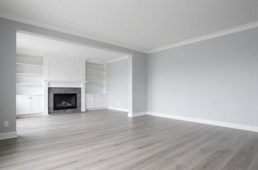 Obraz premium Minimalist Interior Design Featuring a Fireplace and Light Grey Walls, Ideal for Modern Living Room Concepts