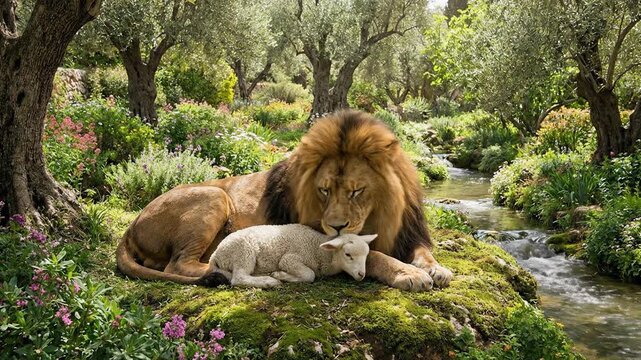 A conceptual visualization of biblical prophecy and divine harmony showing a majestic lion and a gentle white lamb resting together in a lush, green garden by a flowing stream.