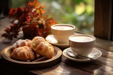 Fototapeta premium Coffee cups and croissants sitting on a wooden table by a window on an autumn morning