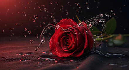 Red rose with water droplets splashing isolated on transparent background