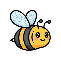 Obraz premium A cute cartoon bee with black and yellow stripes, tiny wings, and a happy face, flying.