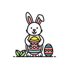 Obraz premium A cute cartoon white Easter bunny holding a large decorated egg, with another egg and leaves on the ground.