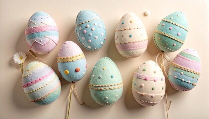 Handmade Felt Easter Eggs Flat Lay Spring Holiday Textile Craft Soft DIY Seasonal Decoration Cute Fabric Illustration Clean Background