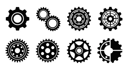 Set of Black Gears Icons, Cogwheels, Mechanical Parts, Industrial Design Elements