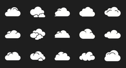 Obraz premium Collection of White Cloud Icons on Black Background - Weather, Sky, and Technology Concepts