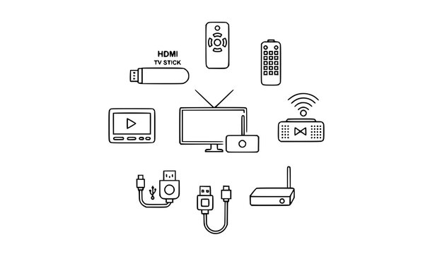 TV stick and smart TV box thin line icon set streaming device outline vector collection