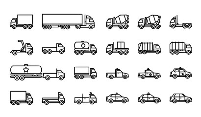 Outline truck and transport vehicle icon collection logistics car and cargo line art vector set © Lipi