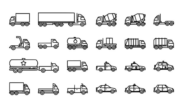Outline truck and transport vehicle icon collection logistics car and cargo line art vector set