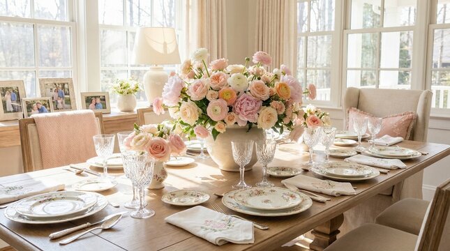 Elegant dining table set with floral centerpiece for Mother's Day  