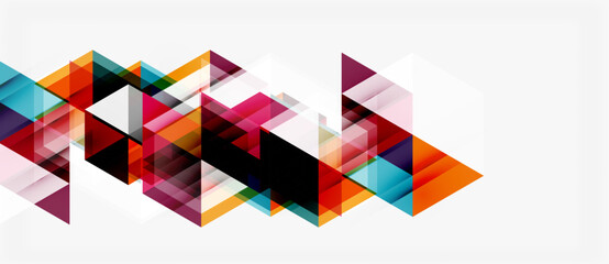 Fototapeta premium Abstract geometric shapes overlap, creating dynamic colorful pattern. Triangles dominate composition, suggesting movement, depth.