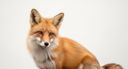 Fototapeta premium A fox sitting alertly with a focused gaze, set against a plain background.