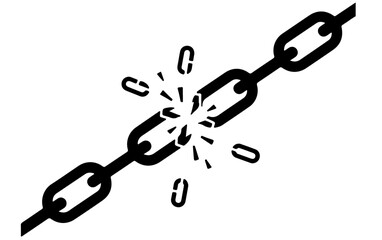 Isometric broken chain link icon Black and white vector illustration of strength failure connection loss and freedom concept