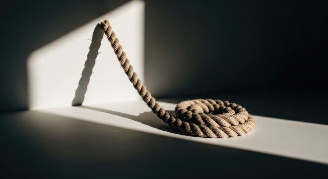 A coiled rope casts a shadow on a white surface, creating a stark contrast with the surrounding light.