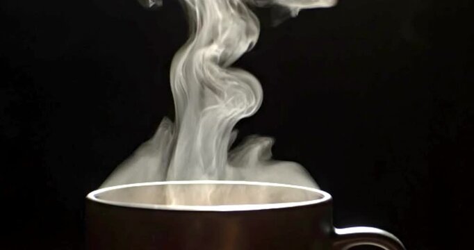 close up of a black coffee cup with thick steam rising against a dark background. generated with AI