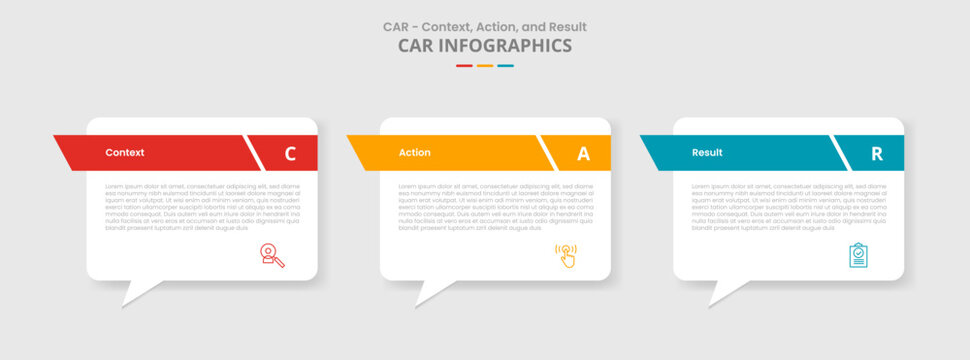 CAR interview technique model for infographic with drop shadow style with callout discussion box with sharp header with 3 point list information