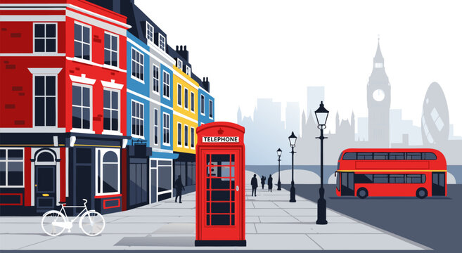 Vibrant vector illustration of a classic London street scene with iconic red telephone booth and double-decker bus