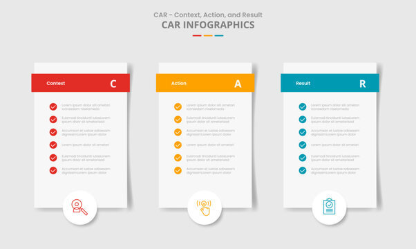 CAR interview technique model for infographic with drop shadow style with vertical box with checklist and circle badge bottom with 3 point list information