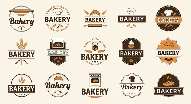 Collection of bakery logos and emblems featuring baking tools, wheat, and baked goods, perfect for branding