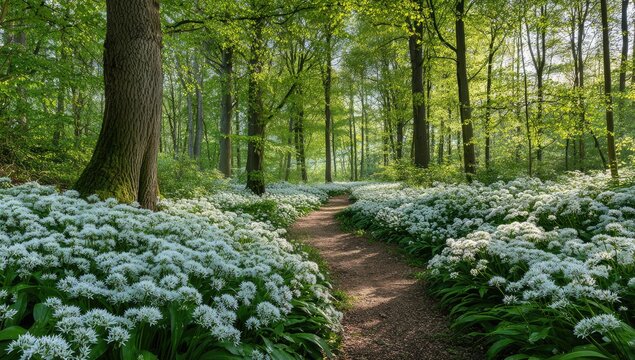 Sunlit woodland path lined with white flowers