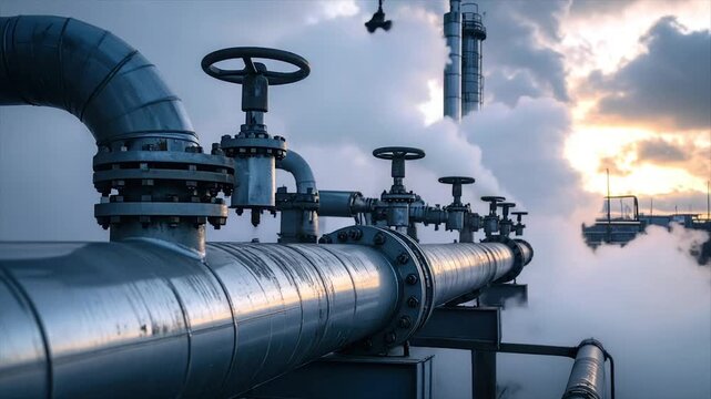 Industrial pipes with valves and steam against cloudy sky background