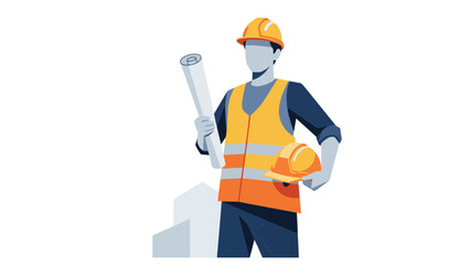 Construction worker holding blueprint and hard hat standing confidently in industrial setting