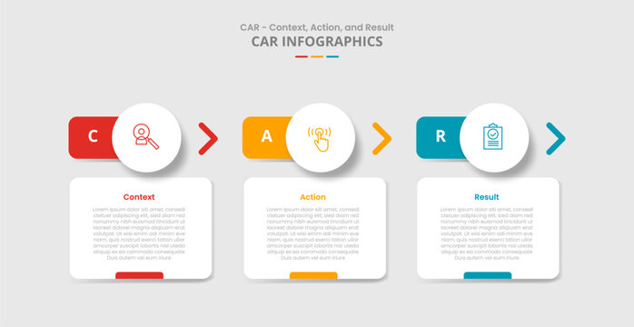 CAR interview technique model for infographic with drop shadow style with round box with circle header and arrow direction with 3 point list information