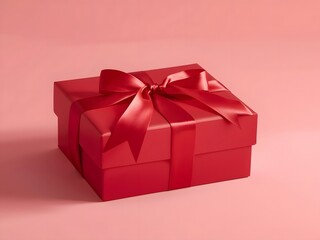 Fototapeta premium Red Gift Box with Satin Ribbon Bow on Pink Background, Surprise Present