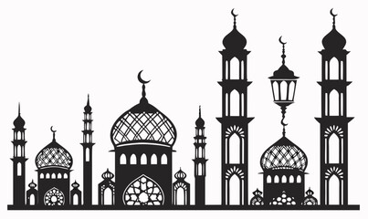 A black and white image of a mosque with minarets and domes Vector © Monira