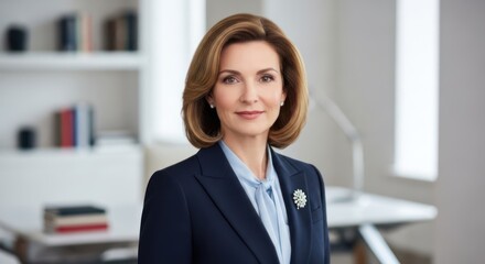 A professional woman in an office setting, wearing a business suit and a brooch, with a blurred background suggesting a modern workspace.