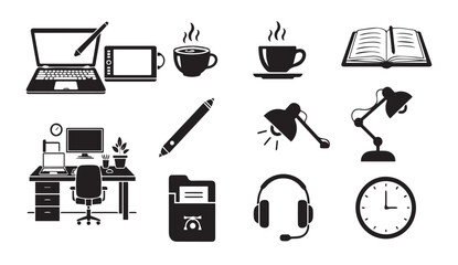 Fototapeta premium Modern office supplies and workspace icons collection