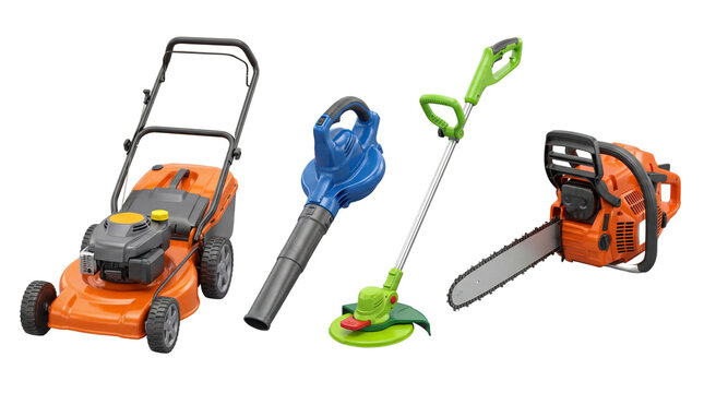 A vibrant orange lawn mower, blue leaf blower, green string trimmer, and an orange chainsaw displayed on a clean white backdrop. isolated PNG with Transparent Background