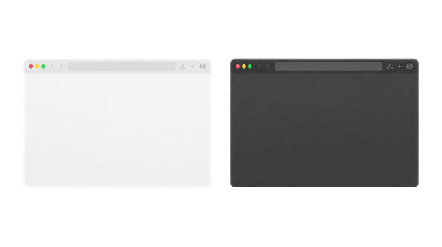 Two minimalist web browser windows, one light gray and one charcoal black, displaying empty content areas for UI design templates. isolated PNG with Transparent Background