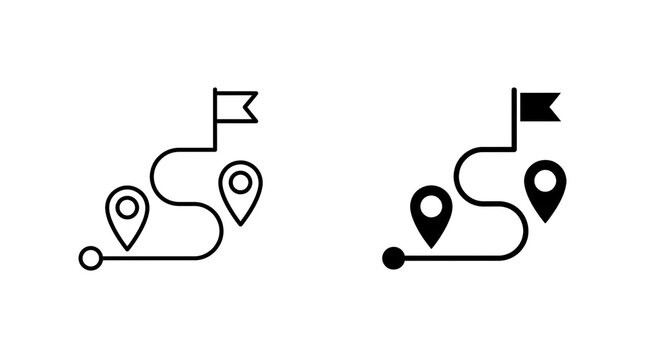 Two black line art icons depict a winding route marked by three location pins and a destination flag, suitable for UI design. isolated PNG with Transparent Background