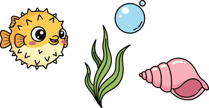 Cute puffer fish character with pink seashell and green seaweed, underwater life vector illustration set isolated on white background.