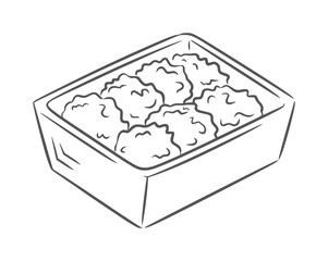 Black and line of a rectangular container filled with meatballs food