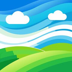 Fototapeta premium Wavy Blue Sky with White Clouds and Green Hills wavy lines abstract background desig
