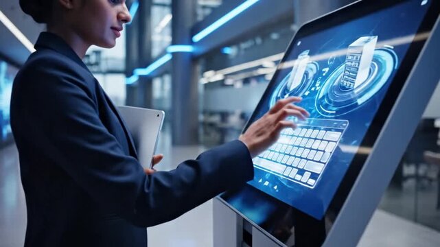 Professional business woman interacting with modern digital touchscreen kiosk in office environment