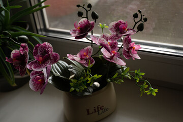Purple artificial orchid on the windowsill