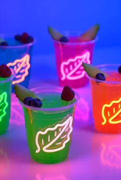 Image is a vibrant, colorful photograph featuring several plastic cups filled with a bright, neon-colored liquid, possibly a cocktail or smoothie. Each cup is garnished with fresh fruits, including bl