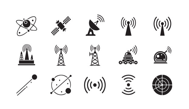 Modern telecommunications and satellite technology icons set