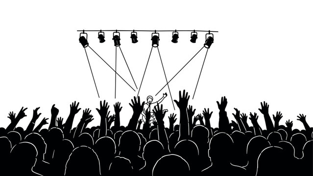 Silhouette concert crowd with performing musician under stage lights