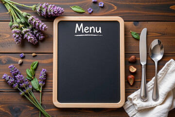 Blank chalkboard menu mockup on dark wood table with lavender and utensils.
