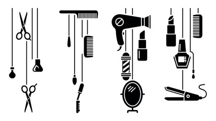 Obraz premium Hair and beauty tools hanging silhouette set for salon design themes
