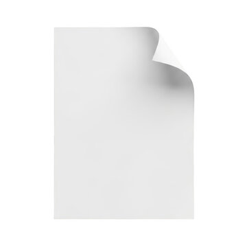 A blank white sheet of paper with a corner turned up slightly isolated on transparent background