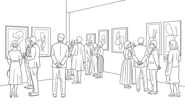 Art gallery exhibition with guests interacting with modern paintings i