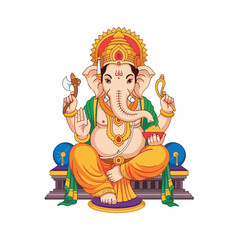 Illustration of the Hindu deity Ganesha sitting in a traditional pose with multiple arms and a large elephant head in vibrant colors against a white background.