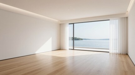 Naklejka na ściany i meble Bright Empty Modern Interior with Panoramic Window View of Lake, Hardwood Flooring and White Walls